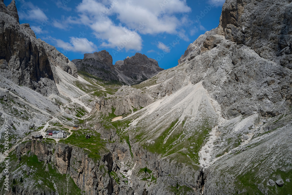aerial view of the Vajolet refuge in the Trentino Dolomites aerial view of the Vajolet refuge in the Trentino Dolomites