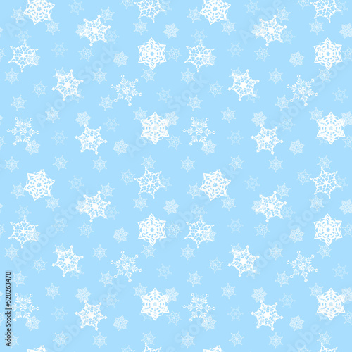 Falling snowflakes on blue background as seamless endless pattern for print cards, invitations and fabric. Web design texture elements for winter season