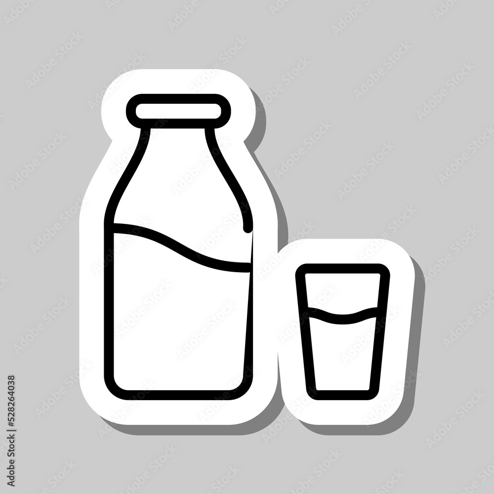 Milk bottle with glass simple icon vector. Flat design. Sticker with shadow on gray background Milk bottle with glass simple icon vector. Flat design. Sticker with shadow on gray background