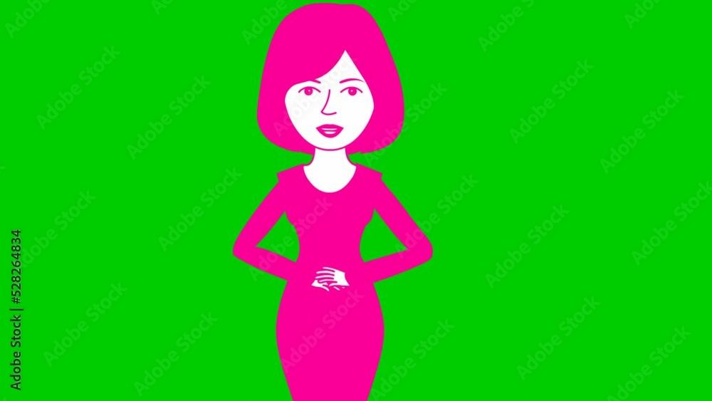 Animated speaking girl in pink dress. The woman constantly tells something and gestures with her hands. Black hair. Flat vector illustration isolated on green background. Animated speaking girl in pink dress. The woman constantly tells something and gestures with her hands. Black hair. Flat vector illustration isolated on green background.