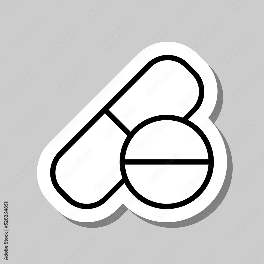 Tablet and pill simple icon vector. Flat design. Sticker with shadow on gray background.ai