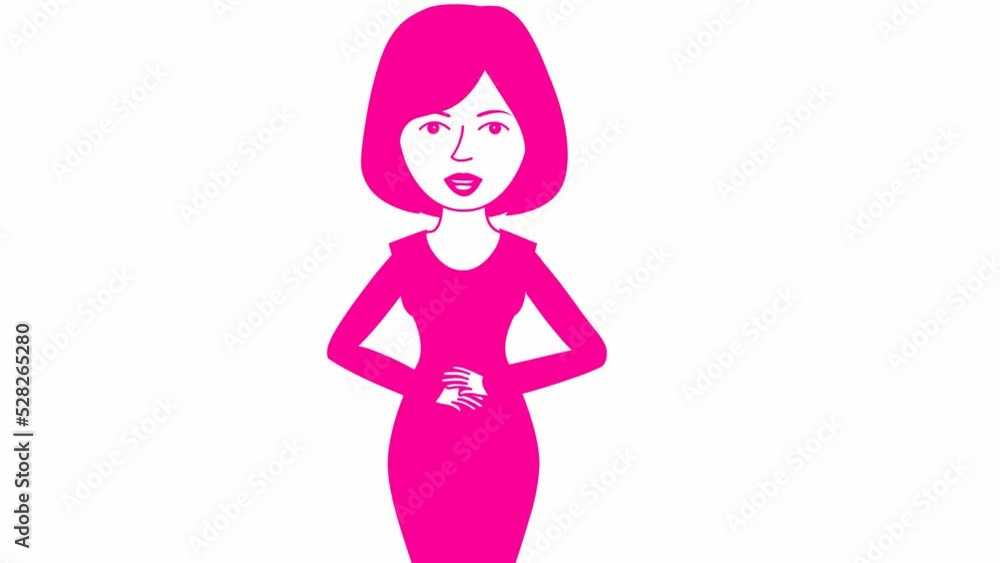 Animated speaking girl in pink dress. The woman constantly tells something and gestures with her hands. Black hair. Flat vector illustration isolated on white background. Animated speaking girl in pink dress. The woman constantly tells something and gestures with her hands. Black hair. Flat vector illustration isolated on white background.