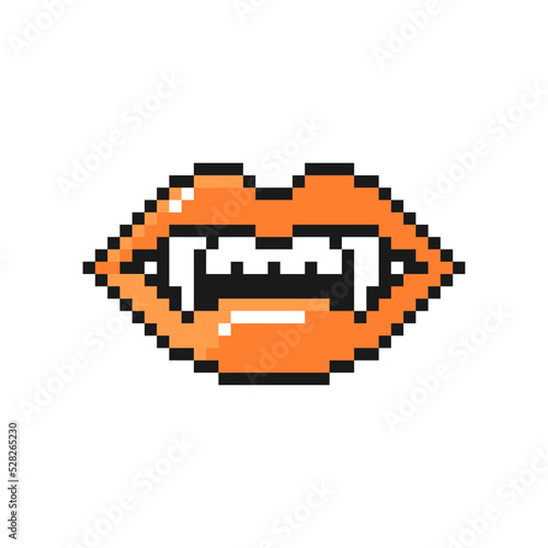 Lips with vampire teeth icon in pixel art design isolated on white background, Halloween Dracula smile vector sign symbol.