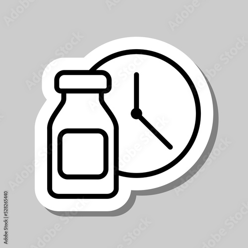 Vial bottle, vaccination time simple icon vector. Flat design. Sticker with shadow on gray background