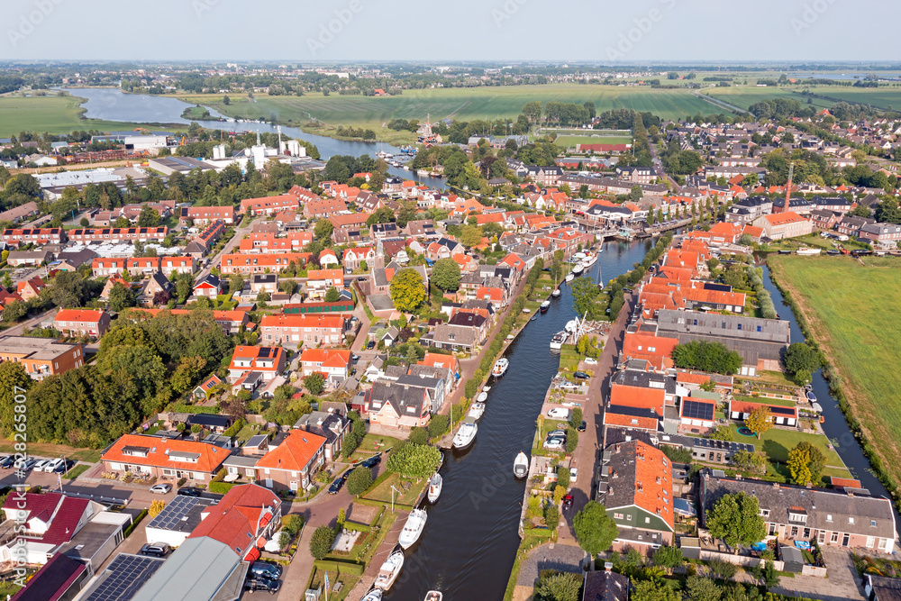 Aerial from the traditional village IJlst in Friesland the Netherlands