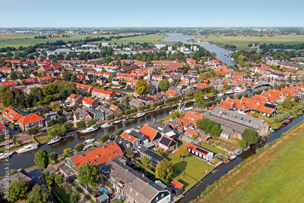 Aerial from the traditional village IJlst in Friesland the Netherlands