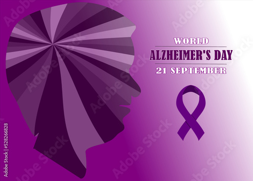 World Alzheimer's Day. Banner template with swirl purple in a head, violet ribbon and text. Vector design.