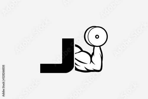 strong arm and dumbbell, simple icon vector of Gym logo, fitness logo, bodybuilder icon with white backgroud, letter J
