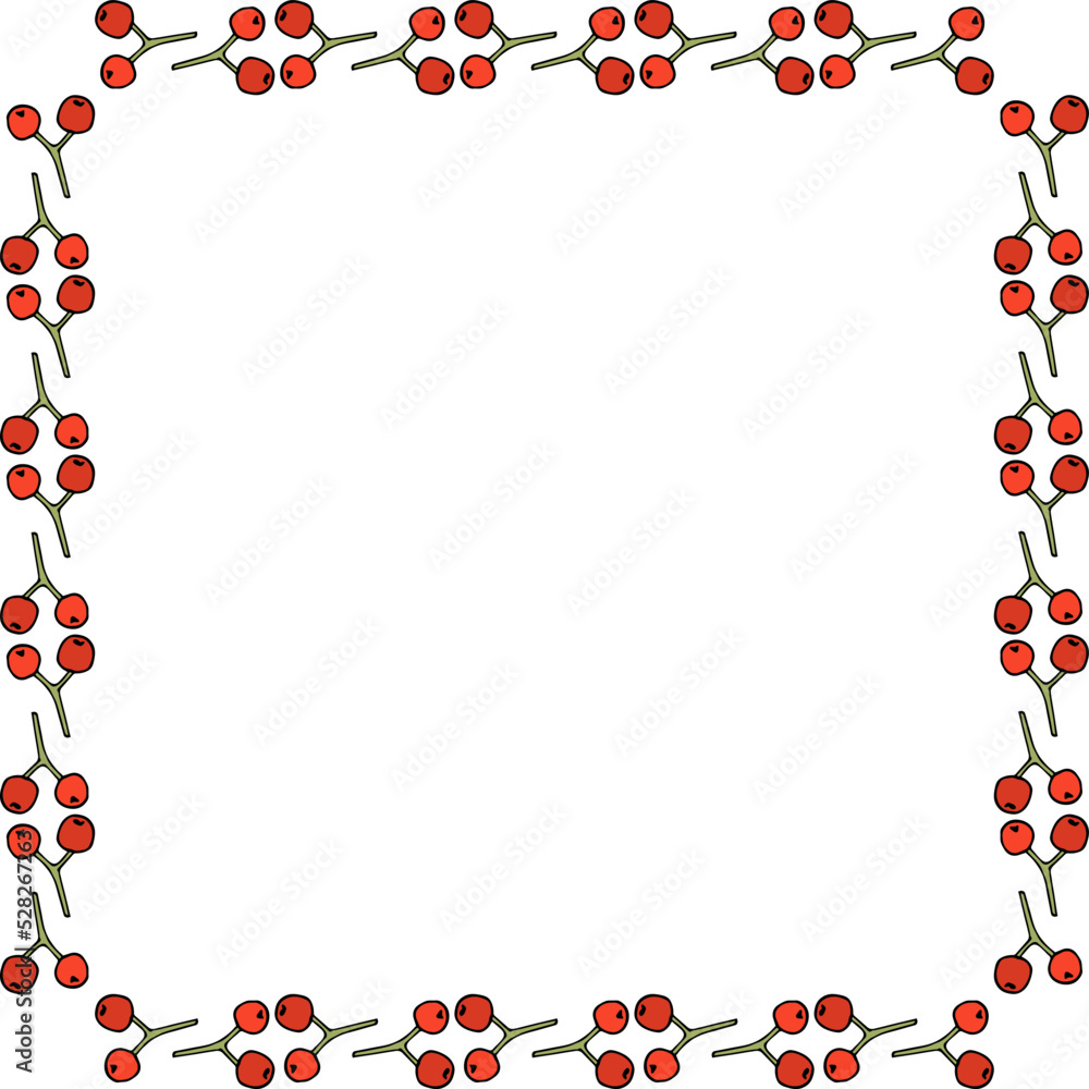 Square frame of simple rowan berries on white background. Vector image. Doodle style.