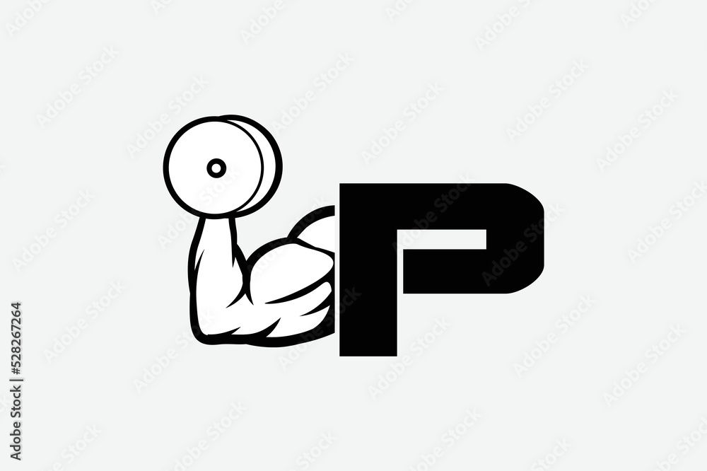 strong arm and dumbbell, simple icon vector of Gym logo, fitness logo, bodybuilder icon with white backgroud, letter P strong arm and dumbbell, simple icon vector of Gym logo, fitness logo, bodybuilder icon with white backgroud, letter P