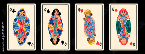 Queens of diamonds, clubs, hearts, spades. Playing cards. Gambling, poker concept. Cartoon style. Hand drawn modern Vector illustration. Poster, t-shirt print, logo, deck design templates