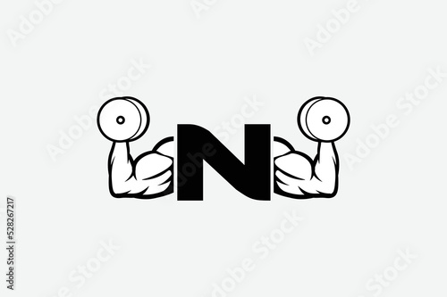 strong arm and dumbbell, simple icon vector of Gym logo, fitness logo, bodybuilder icon with white backgroud, letter N