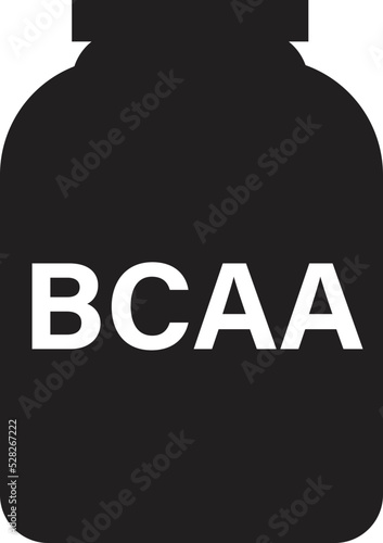 black plastic jar with BCAA on white background. whey protein sign. sport nutrition containers symbol. flat style.