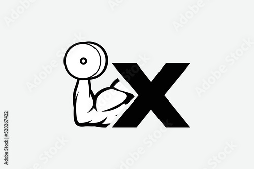 strong arm and dumbbell, simple icon vector of Gym logo, fitness logo, bodybuilder icon with white backgroud, letter X