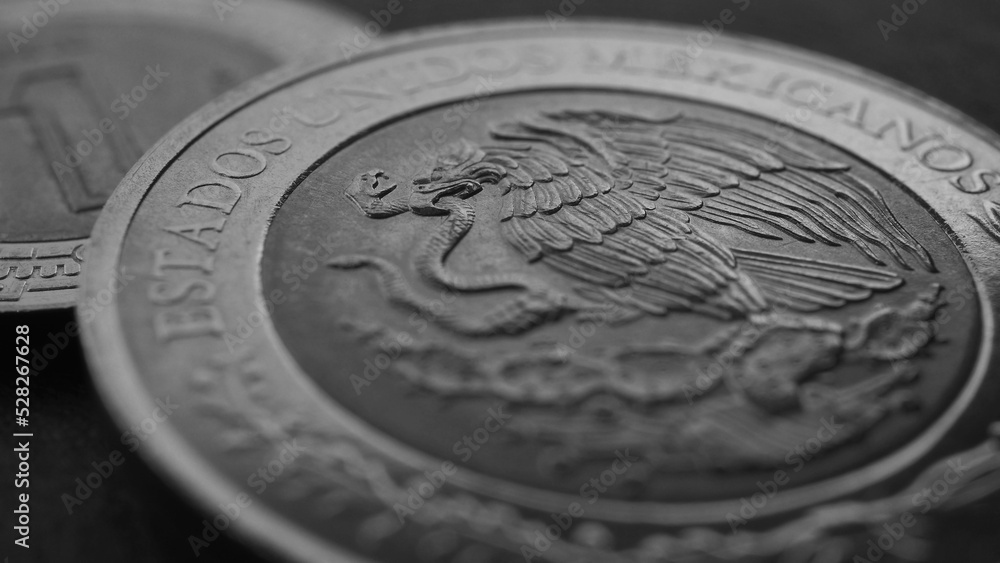 Coin of 5 Mexican pesos closeup. Peso of Mexico. Reverse of coin with