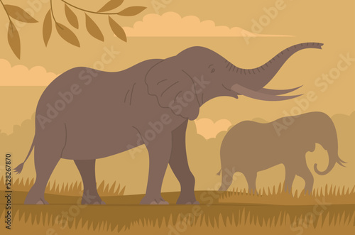 Herd of elephants. African elephant with trunk and tusks. Large herbivorous mammal. Zoo wild animal. Wild savanna landscape. Wildlife and zoo. Nature and fauna. Cartoon vector illustration