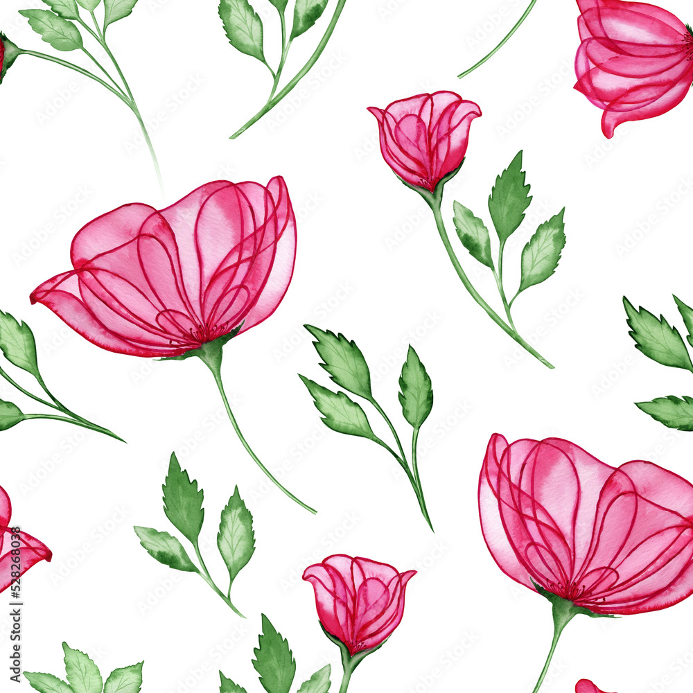Transparent pink roses watercolor seamless pattern. Hand drawn buds and blooming flowers with leaves on an isolated background. For fabric and wallpaper. Gift wrapping and wedding print.