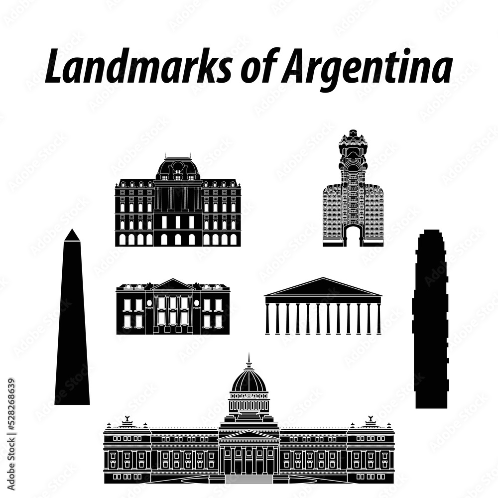 Bundle of Argentina famous landmarks by silhouette style,vector illustration