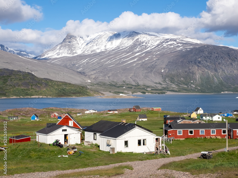 View of Igaliku in southern Greenland. A settlement with just a few dozen inhabitants. Famous for its Norse ruins of Garðar and its unique farming sites at the edge of the ice cap.