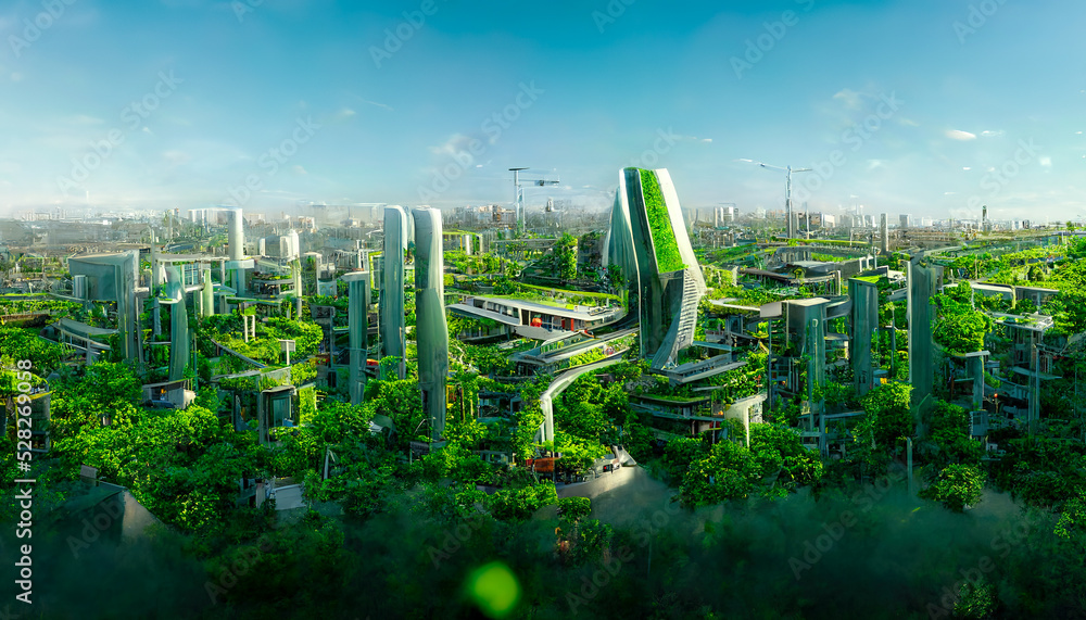 Spectacular eco-futuristic cityscape ESG concept full with greenery ...