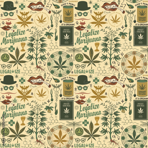 Vector seamless pattern in retro style on the theme of marijuana legalization. Repeatable background with hand-drawn hemp leaves, cannabis plant, hipster face and other sketches