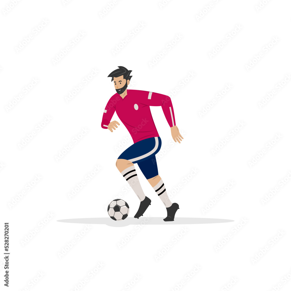 Jugador de fútbol de la Copa Mundial, vestimenta roja y azul, pateando el balón. Hombre con ropa deportiva