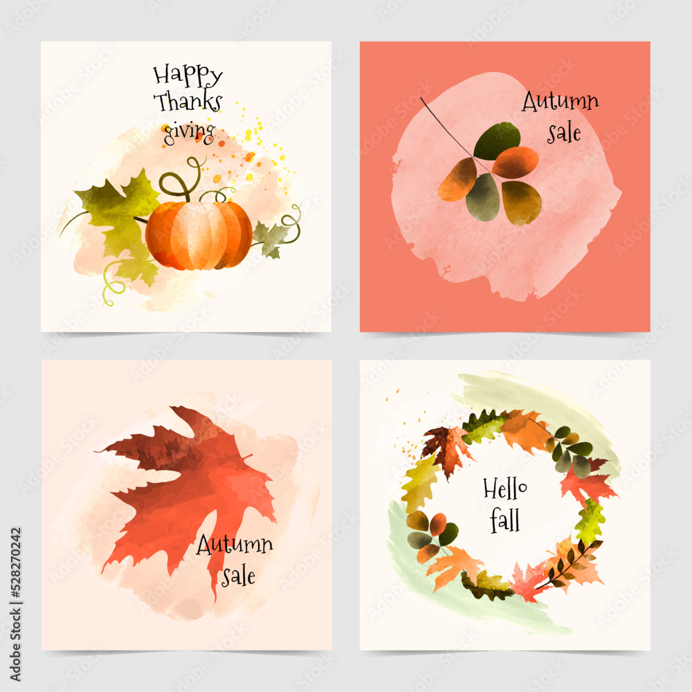 Autumn leaves, pumpkin, made in watercolor technique. Thanksgiving flyer set, autumn discounts, cover template, flyer, invitation.