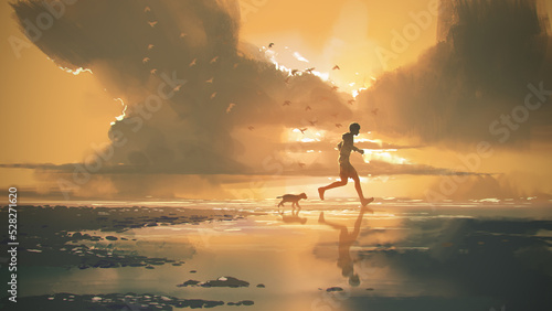 Man and puppy jogging on the beach at sunset, digital art style, illustration painting