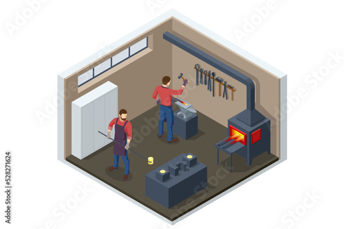 Isometric Forge, blacksmith. Strong blacksmith with hammer and anvil forge iron. Blacksmith in workshop