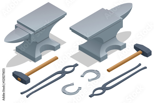 Isometric Forge, Blacksmith. Hammer, Tongs, Anvil and Horseshoe.