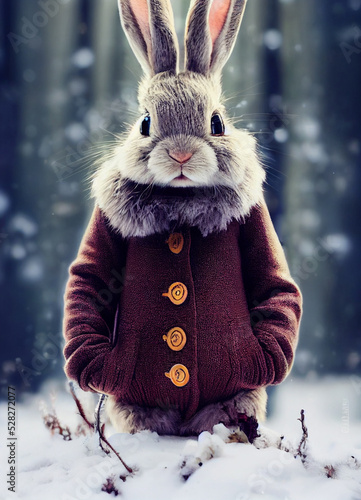 cute fluffy bunny in a warm knitted coat on the background of a winter forest on a winter day