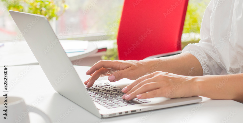Naklejka premium female hands use a laptop in the office.