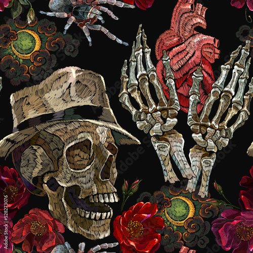 Dead noir detective in hat  skull  skeleton hands  anatomical heart  gothic moon and roses. Seamless pattern. Embroidery art. Template for clothes  textiles  t-shirt design Romantic gothic background