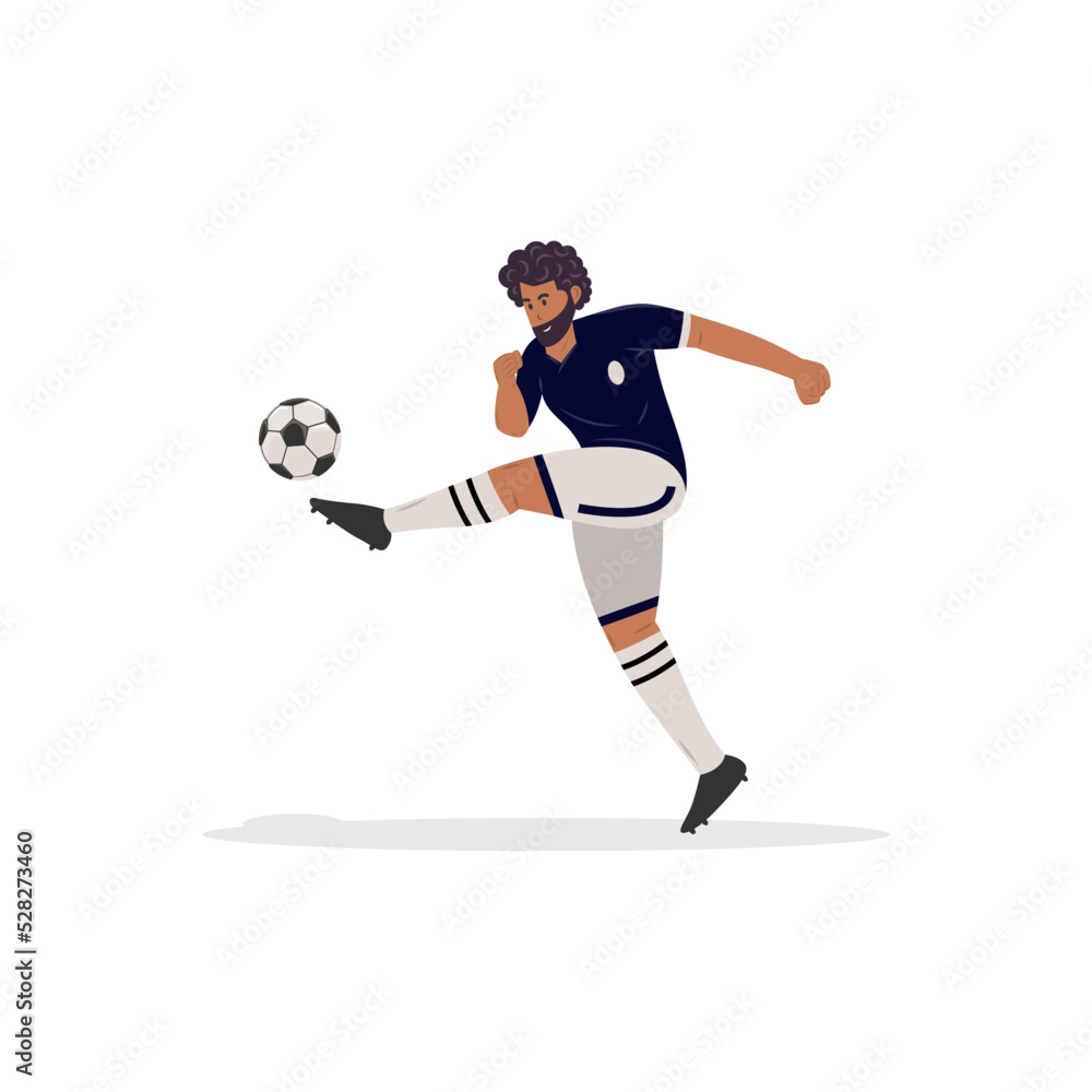 Jugador de fútbol de la Copa Mundial, vestimenta azul, pateando el balón. Hombre con ropa deportiva