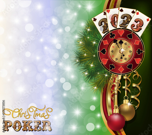 Happy New 2023 year. Christmas Poker background with casino roulette and xmas balls, vector illustration