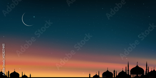 Islamic card with Silhouette Dome Mosques,Crescent moon,orange,blue sky background,Vetor Ramadhan Night with twilight dusk sky for Islamic religion,Eid al-Adha,Eid Mubarak,Eid al fitr,Ramadan Kareem