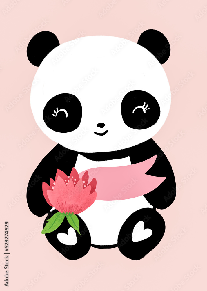 Cute Panda illustration with a flower and message ribbon Cute Panda illustration with a flower and message ribbon