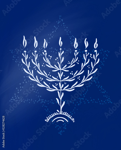 Hanukkah Menorah  on a Star of David blue background