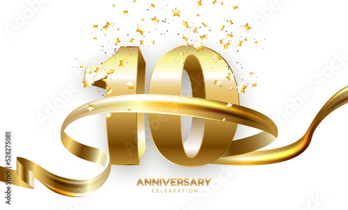 10 Anniversary gold numbers with golden confetti. Celebration 10th anniversary event party template.