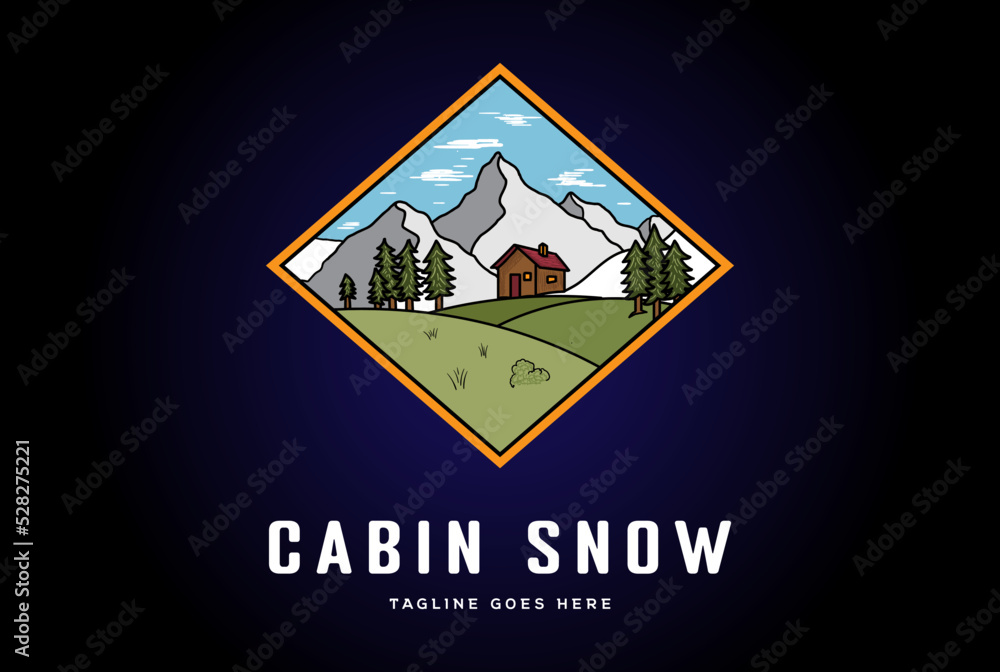 Ice Snow Mountain and Pine Evergreen Fir Forest with Lodge Cabin Chalet for Outdoor Travel Vacation Logo Design