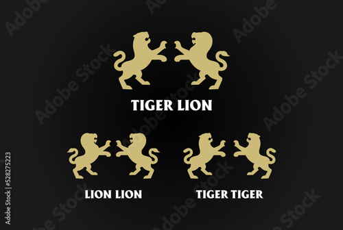 Golden Strong Standing Lion Leo and Tiger Silhouette Crest Logo Design