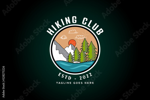 Pine Evergreen Spruce Larch Cypress Fir Trees Forest with Ice Snow Mountain and River Creek Lake for Outdoor Logo Design