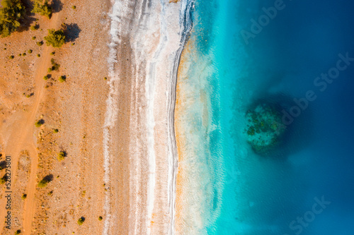 Drone view of Salda Lake, Caribbean water in Turkey 