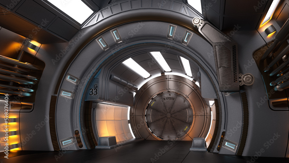Futuristic science fiction space ship corridor with round doorway. 3D illustration. Futuristic science fiction space ship corridor with round doorway. 3D illustration.