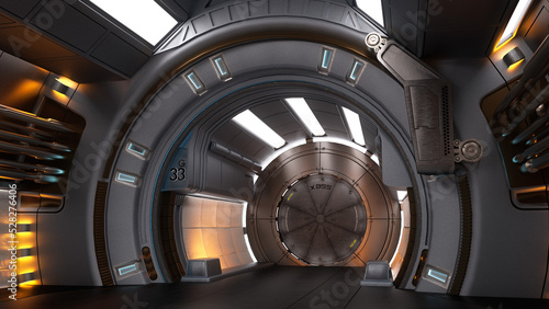 Fototapeta Naklejka Na Ścianę i Meble -  Futuristic science fiction space ship corridor with round doorway. 3D illustration.