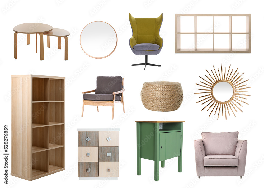Collection of different stylish furniture on white background Stock 写真