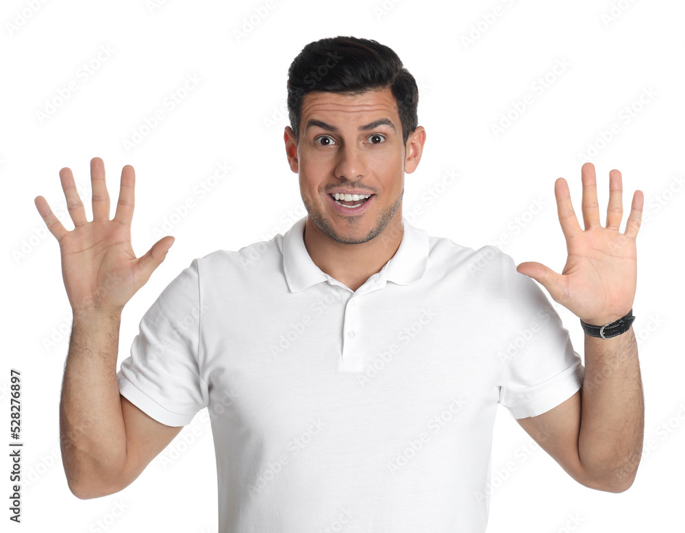 Fototapeta premium Man showing number ten with his hands on white background