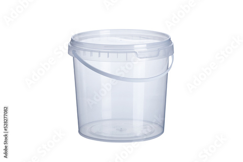 Transparent plastic bucket with transparent lid - 2200 ml, plastic containers on white background , food plastic box isolated on white , product packaging for foodstuff or paints , adhesives , primers