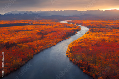 beautiful autumn landscape with river, colorful warm background, 3d render, 3d illustration