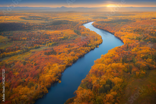 beautiful autumn landscape with river, colorful warm background, 3d render, 3d illustration
